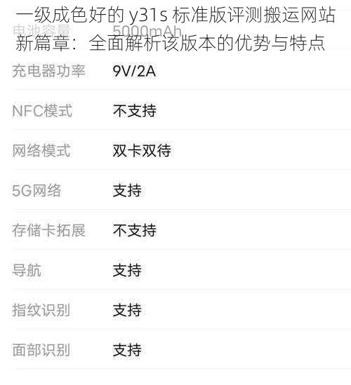 一级成色好的 y31s 标准版评测搬运网站新篇章：全面解析该版本的优势与特点